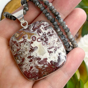 Crazy Lace Agate Pendant Moonstone Necklace Square Boho Southwest New 925